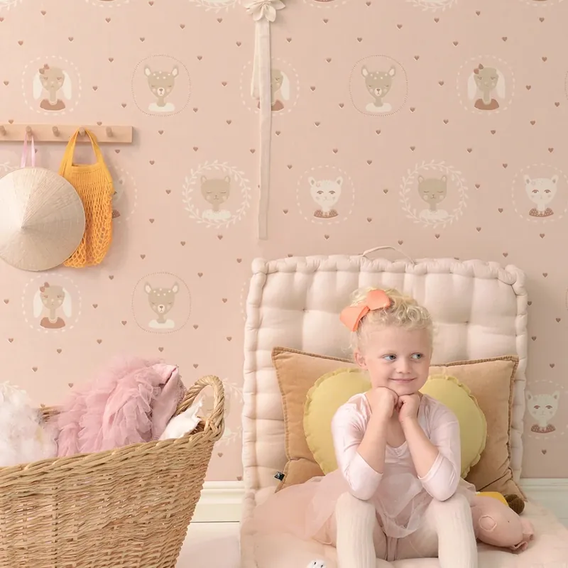 Hearts, Dusty Warm Pink, Majvillan Tapet cu model delicat de inimi si animale drăguțe Cumpărături sigure